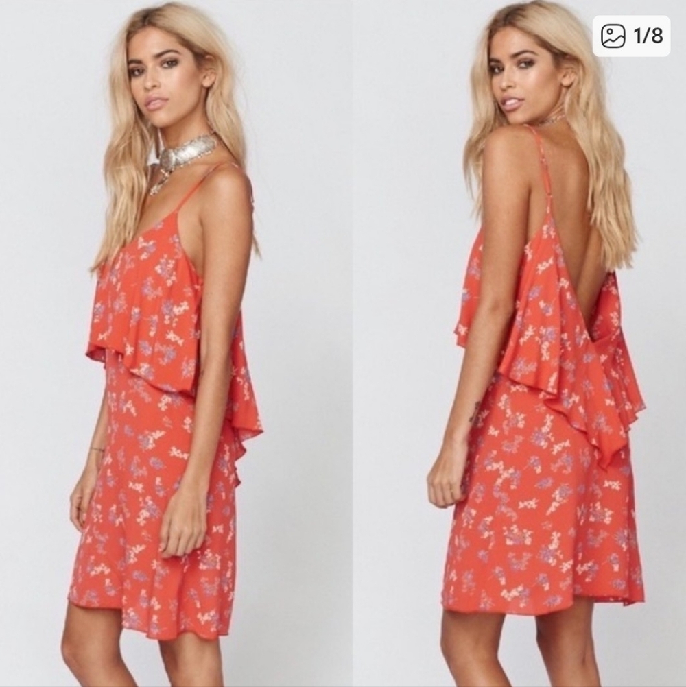 Blue Life Summer Lovin’ Red Floral Print Ruffle V-Back Mini Dress S